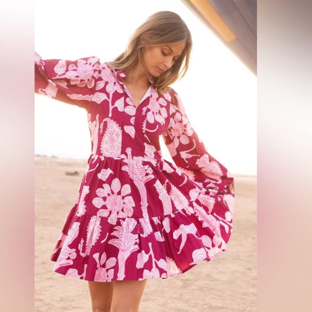 Oliphant Long Sleeve Yoke Dress in Lamu Magenta Print, small